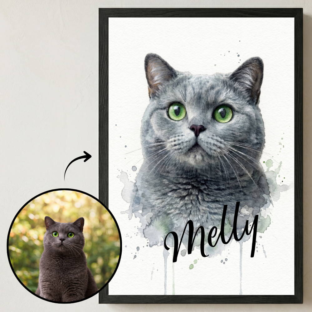 Personalisiertes Aquarell Katzen-Poster "Wasserspiel"