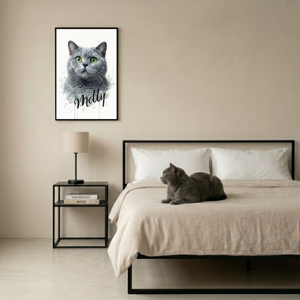 Personalisiertes Aquarell Katzen-Poster "Wasserspiel"